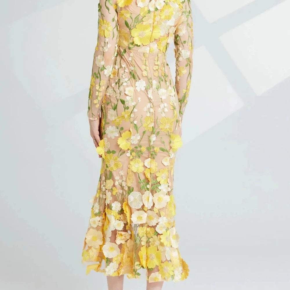 Floral Embroidered Mesh Midi Dress