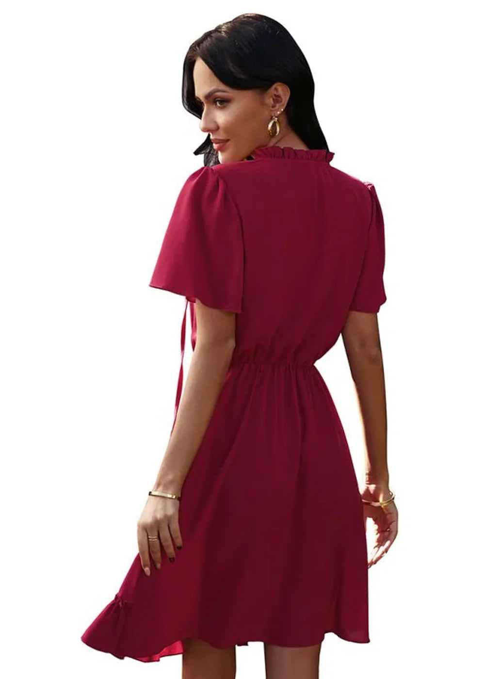 Maroon short-sleeve dress with ruffled collar and cinched waist, shown from the back.