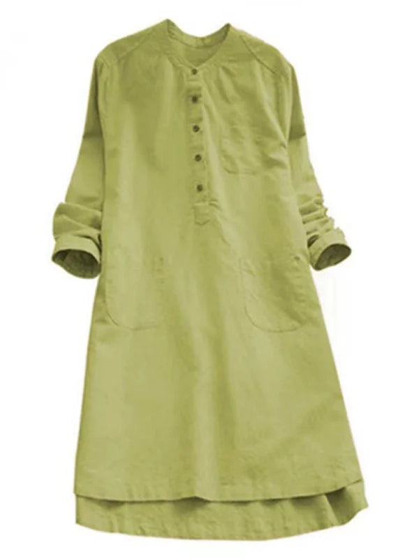 Light green linen-blend tunic dress with Henley neckline and two front pockets, long sleeves.
