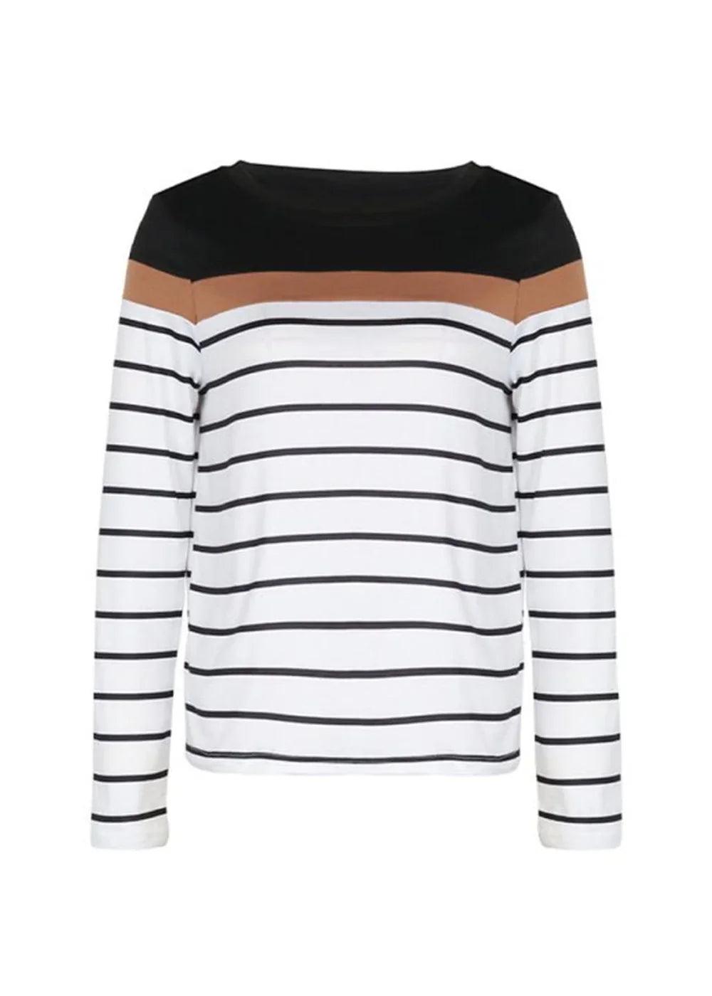 Black and brown striped long-sleeve top with a boatneck, on a white background.