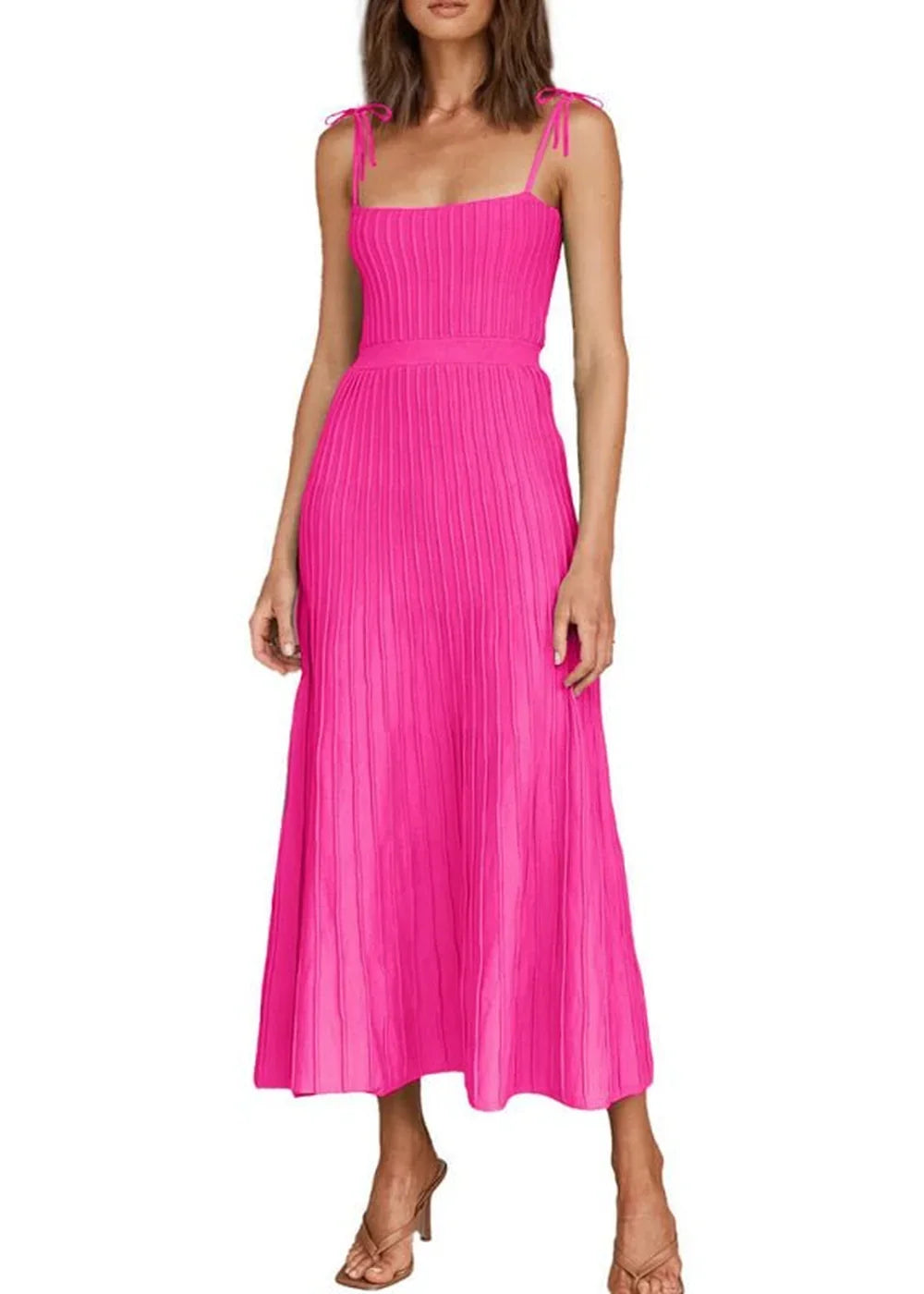 Hot pink ribbed knit maxi dress with tie straps and a flattering fit.
