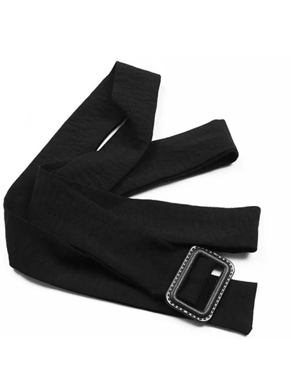 Black fabric belt with a textured surface and a square buckle, lying flat.