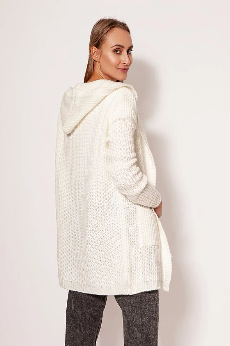 Cream knit hooded cardigan with pockets, worn by a model from the back.