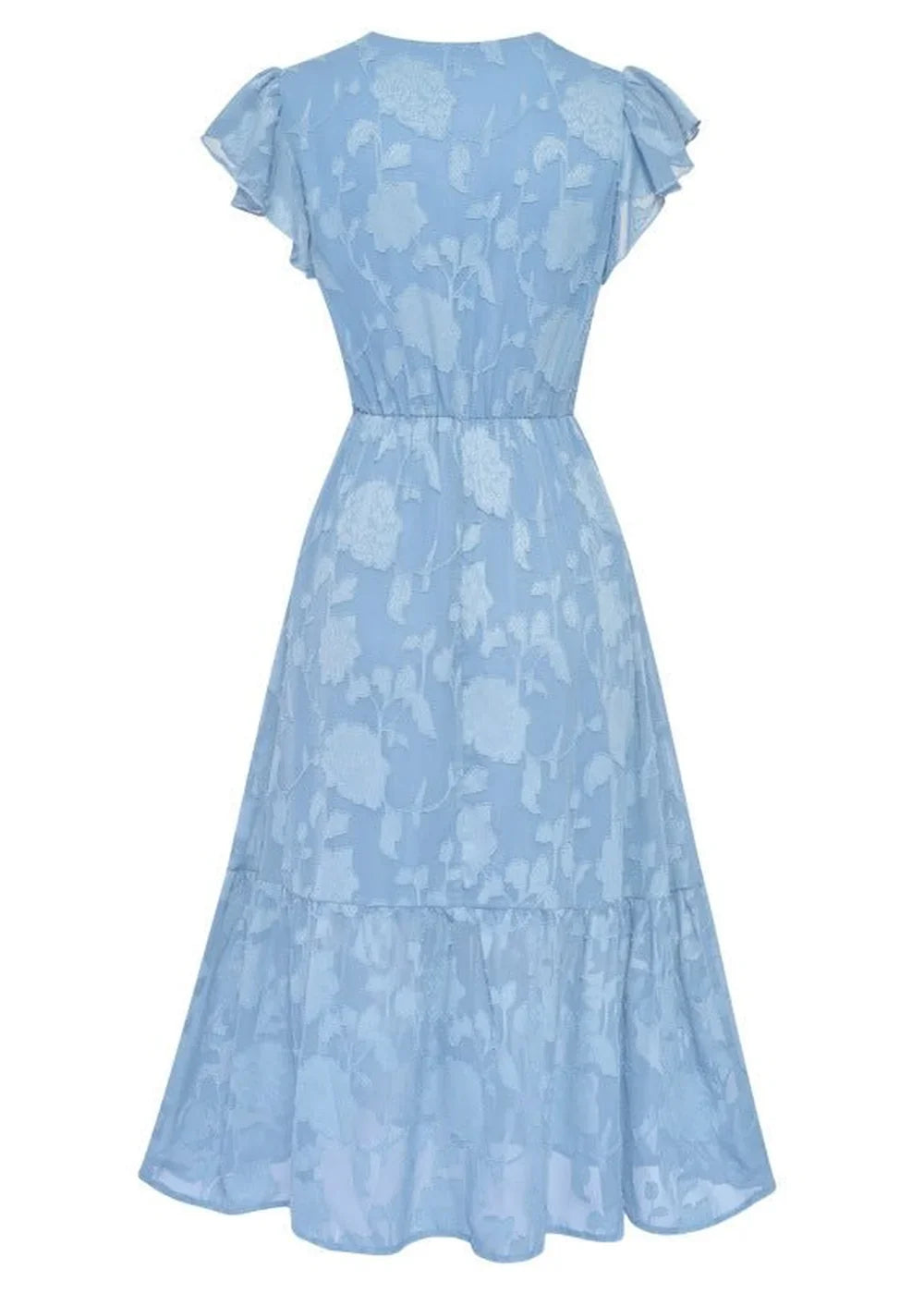 Light blue floral print midi dress with flutter sleeves and tiered skirt.