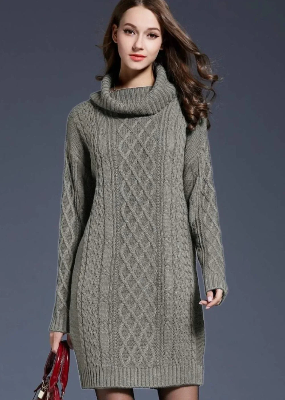 Gray cable knit turtleneck sweater dress with textured diamond pattern, on model.