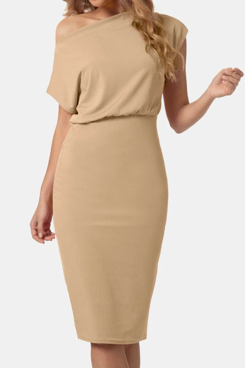 Tan ribbed one-shoulder midi dress with moderate stretch fit on a model.