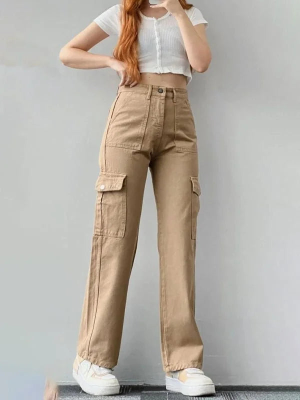 Tan cargo pants with a relaxed fit, detailed with multiple pockets and a button-zip closure.