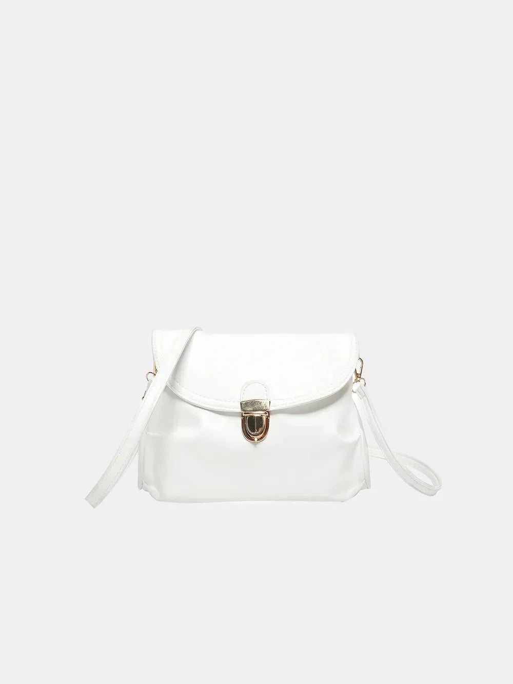 White glossy crossbody bag with gold clasp and thin strap on a white background.