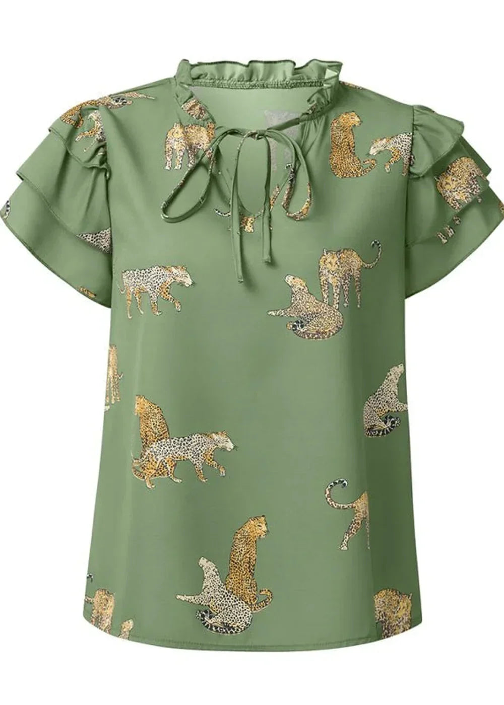 Green blouse with a leopard print, ruffled collar, and tiered flutter sleeves.