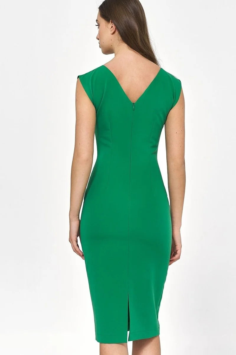 Emerald green fitted sheath dress, v-neck, cap sleeves, midi length with back slit.