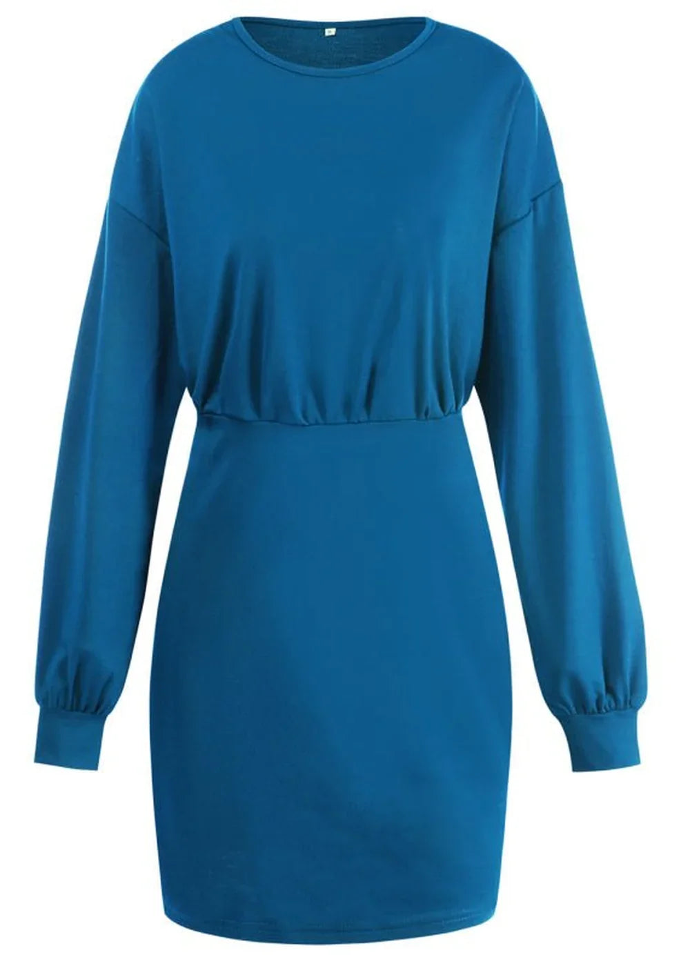 Teal long-sleeve dress with gathered waist detail.