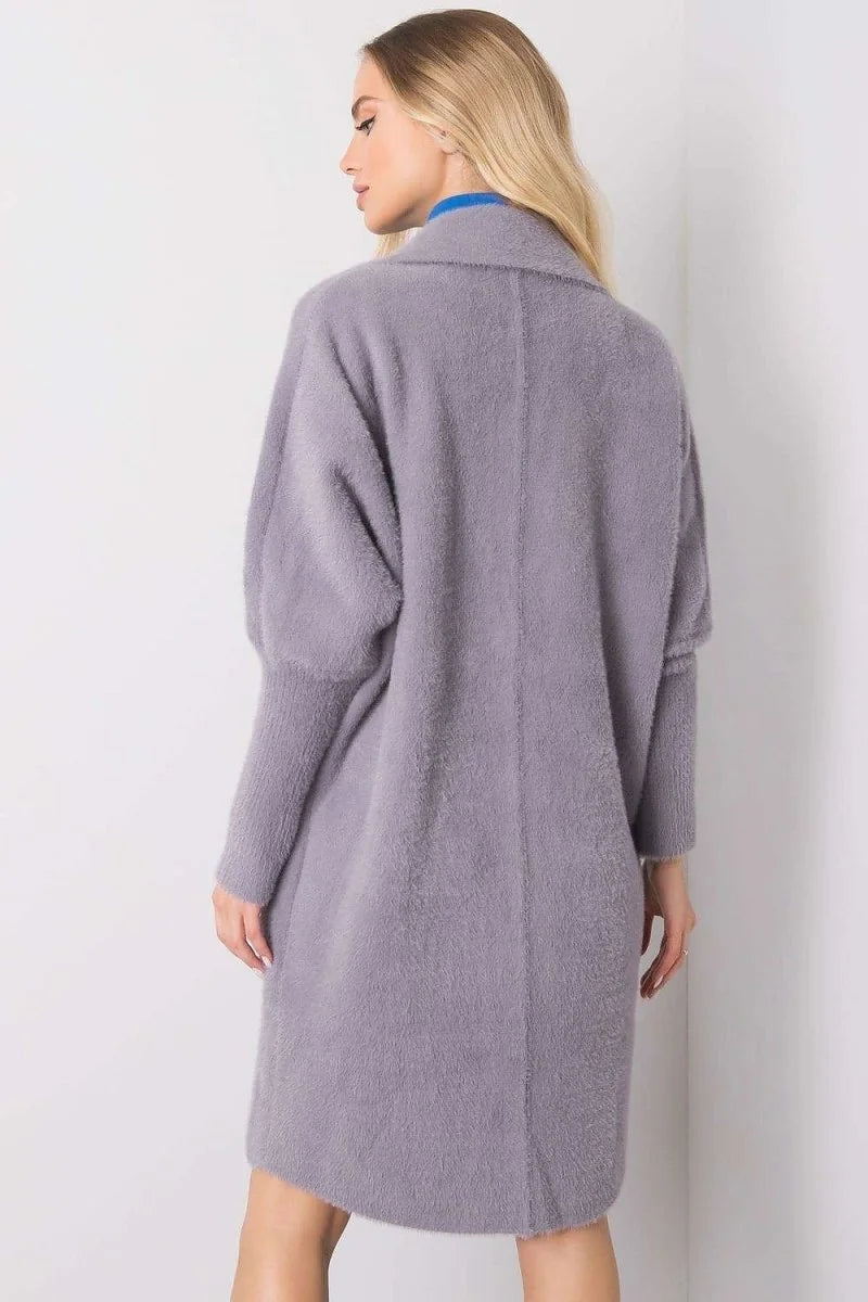 Soft lavender angora-blend cardigan with a plush texture and wide collar, shown from the back.