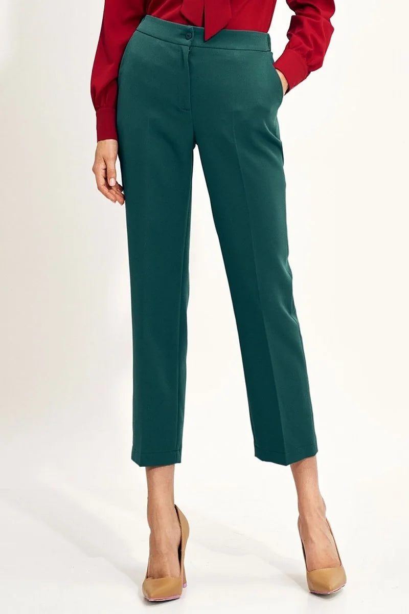 Deep teal, regular fit trousers with a smooth texture, cropped at the ankle.