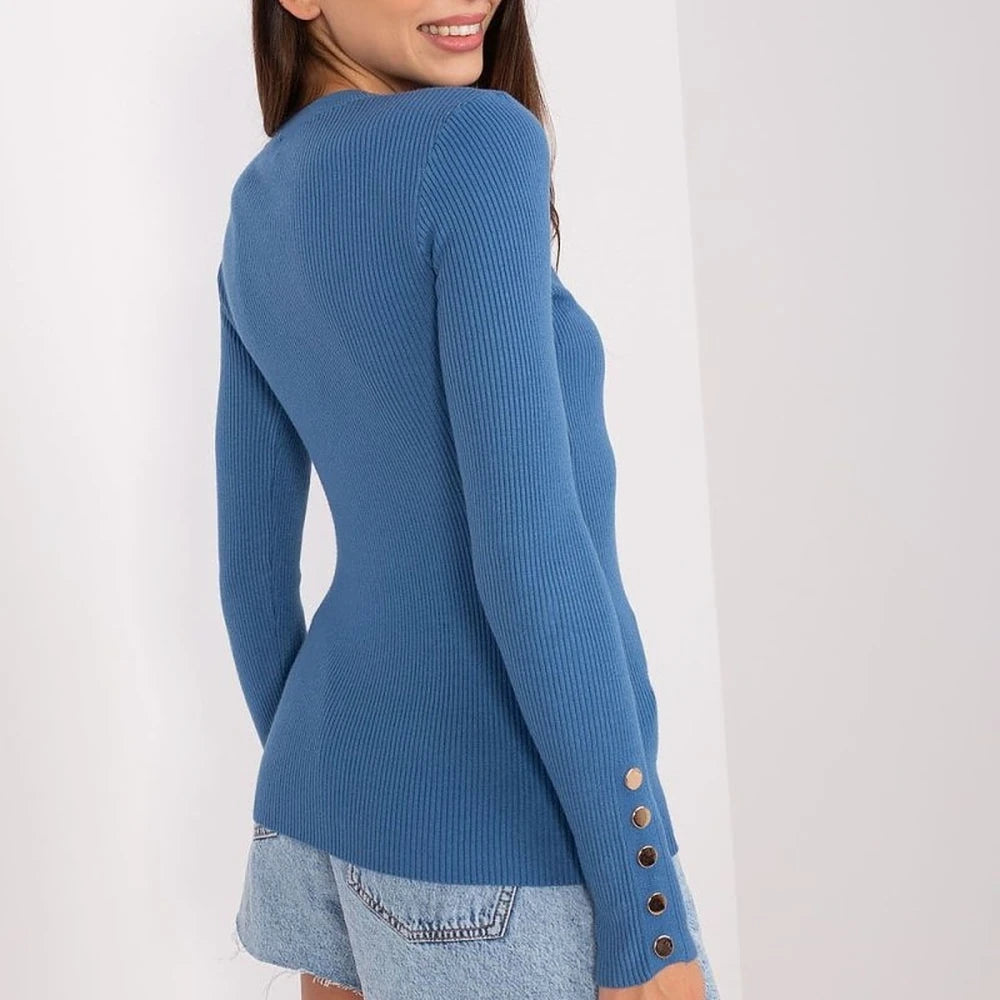 Ribbed Knit Sweater with Sleeve Buttons