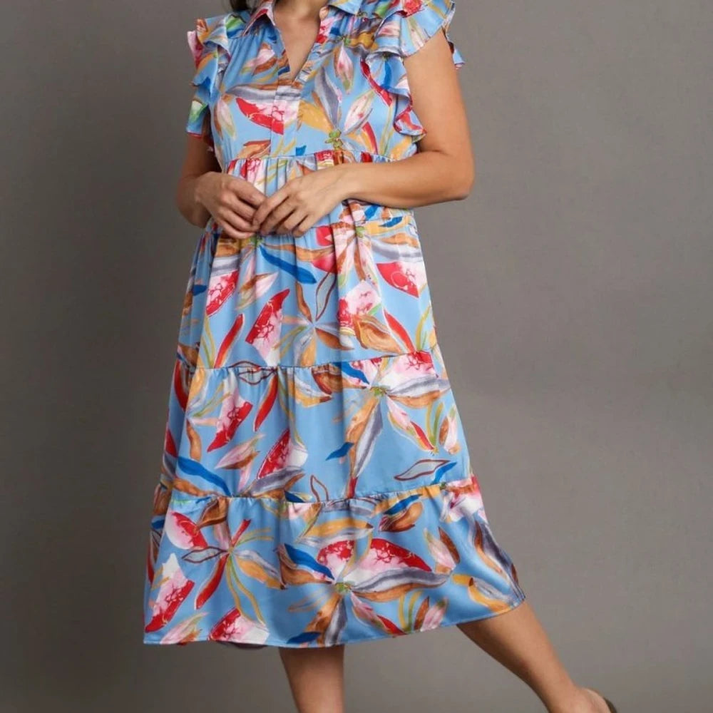 Leaf Print Tiered Midi Dress with Ruffle Sleeves