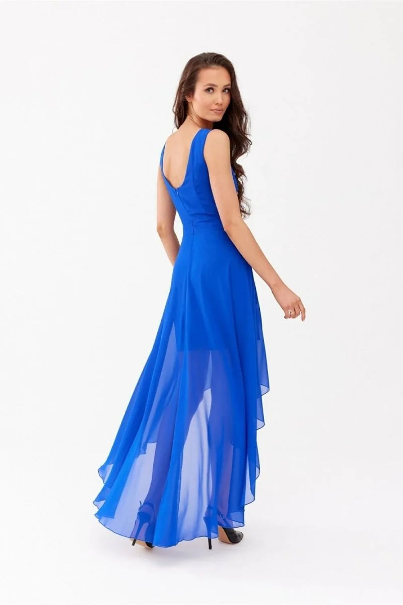 Royal blue high-low chiffon dress on a model, featuring a V-neck and flowing skirt.