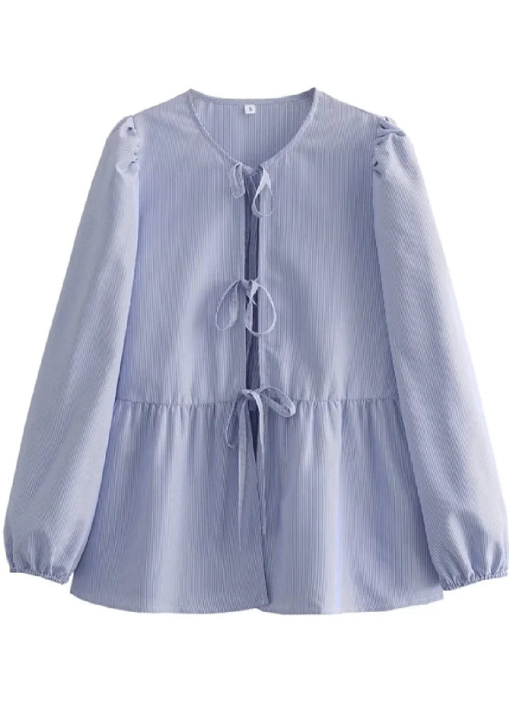 Light blue and white striped peasant blouse with tie neck and ruffled sleeves