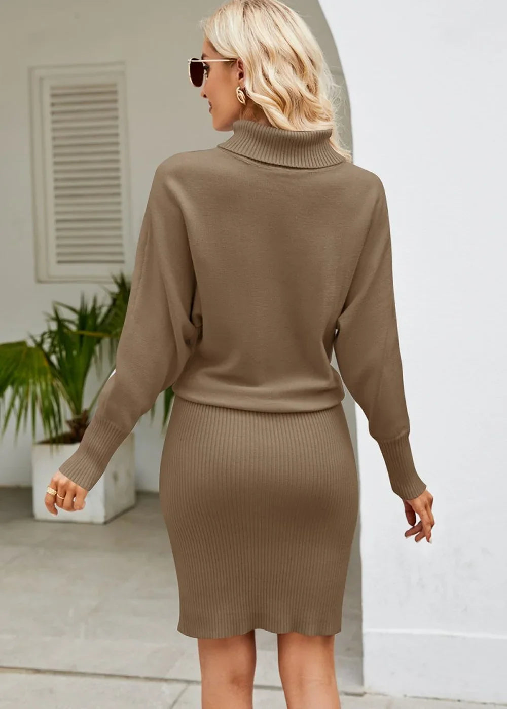 Brown ribbed knit turtleneck sweater dress with dolman sleeves, shown from the back on a model.