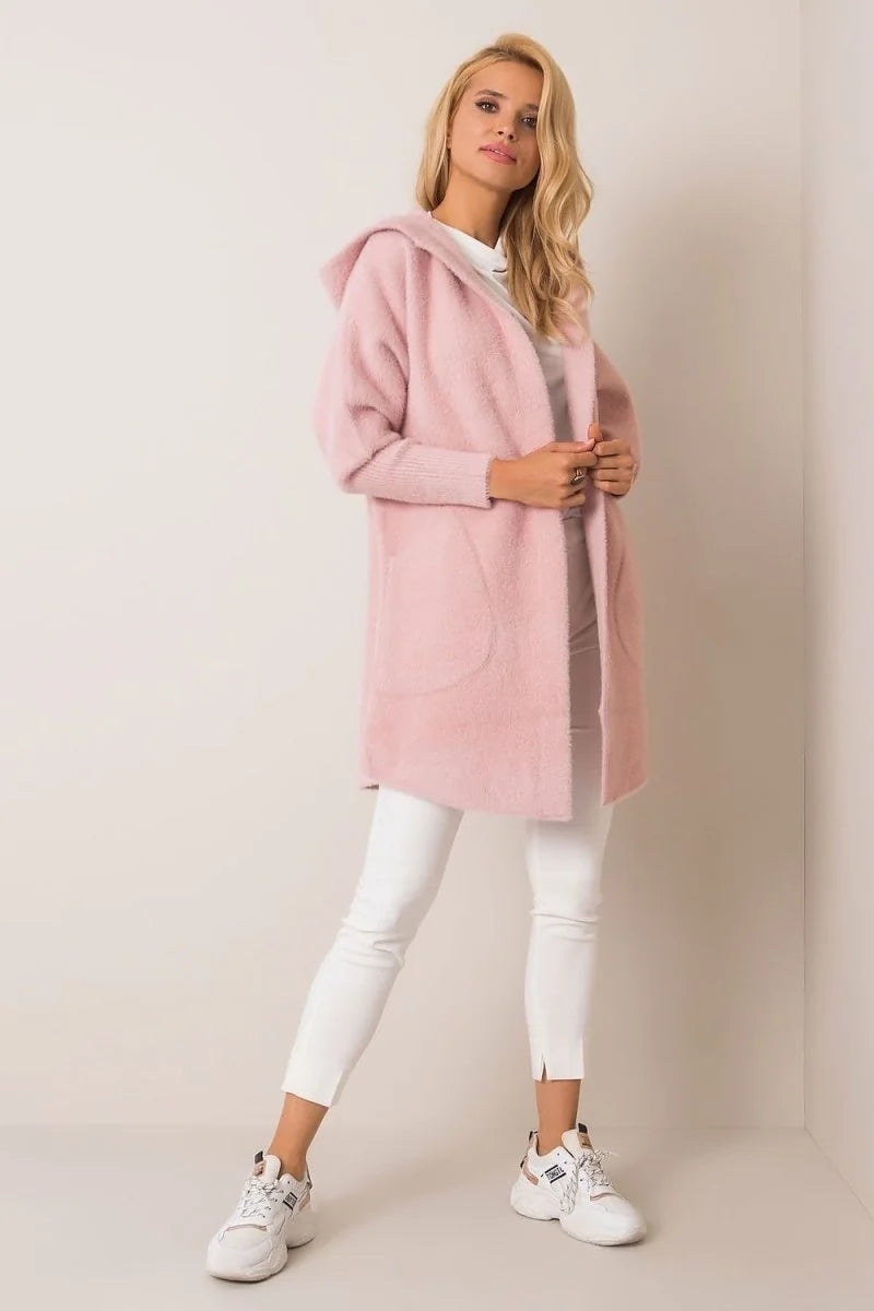 Soft pink angora blend hooded cardigan with pockets, shown on a model wearing white pants and sneakers.