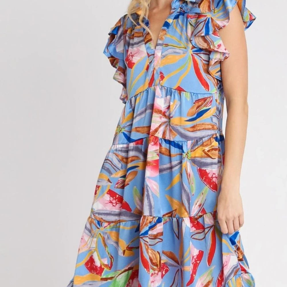 Leaf Print Tiered Midi Dress with Ruffle Sleeves