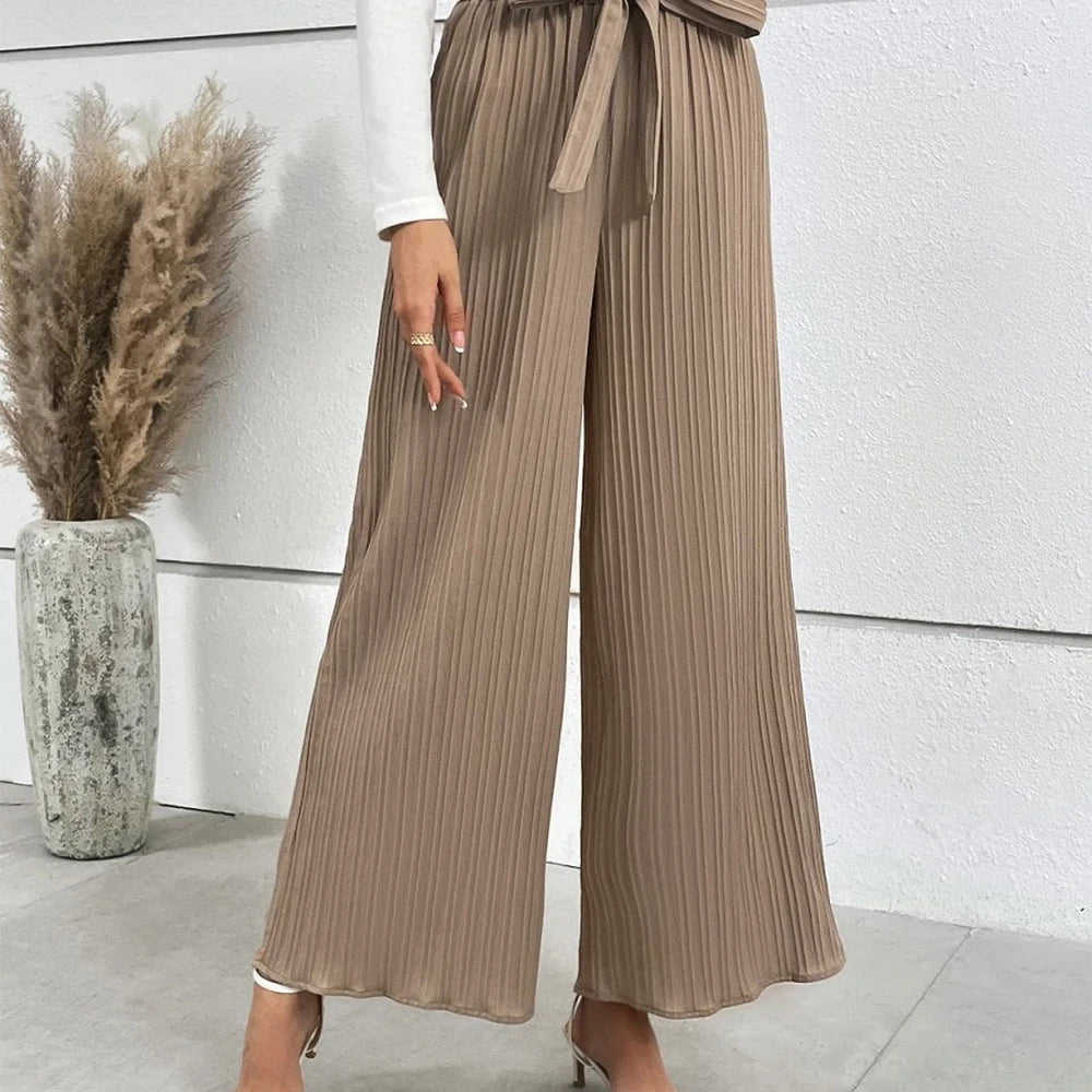 Wide Leg Long Pants with Tie Detail