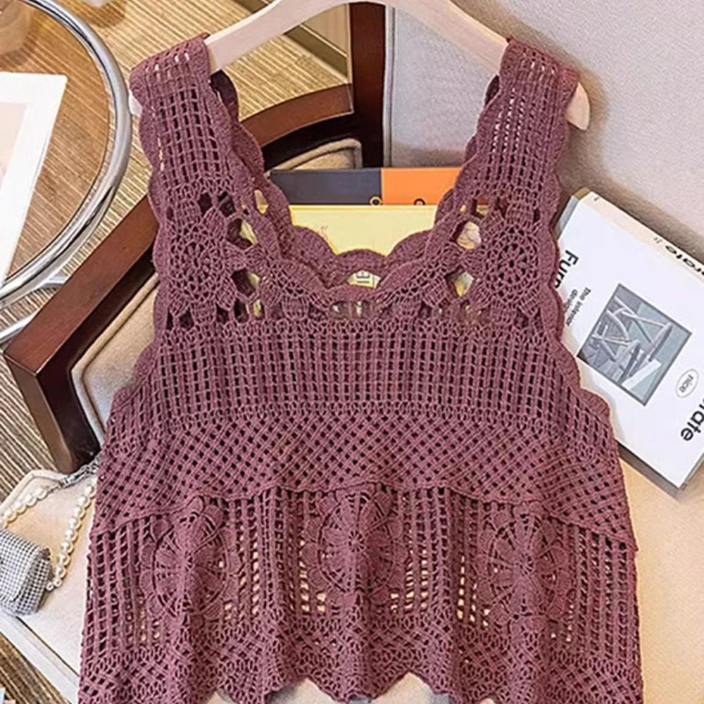 Cream Openwork Scoop Neck Cotton Tank