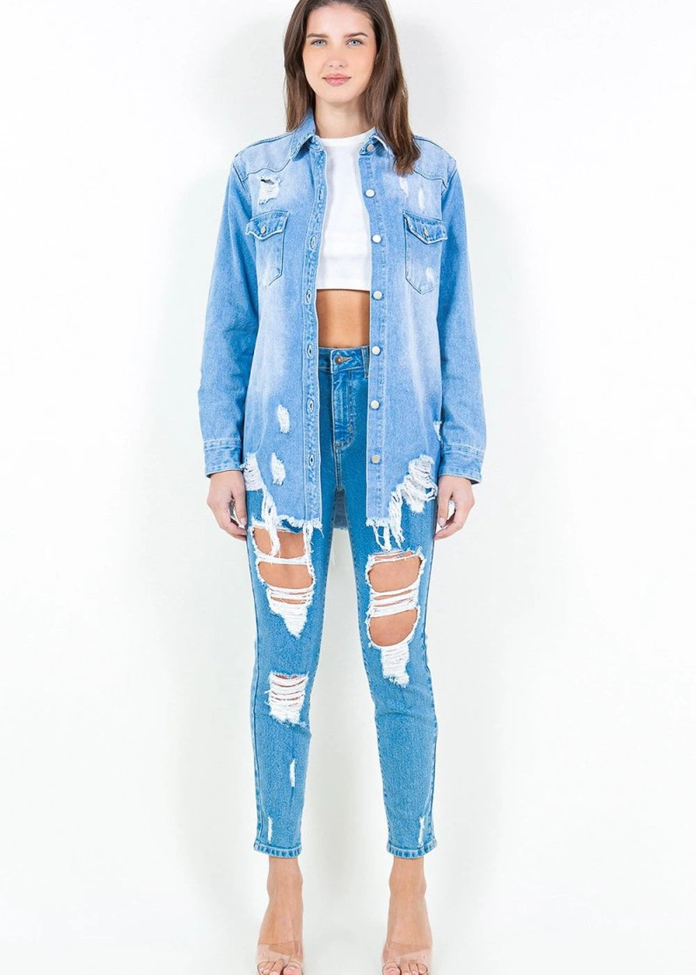 Distressed denim shirt jacket