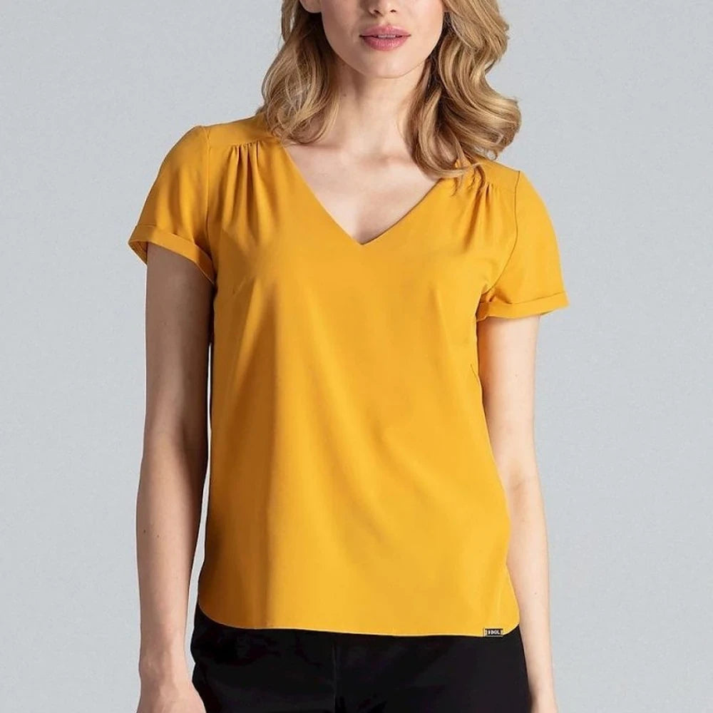 Heart Neck Blouse with Cuffed Short Sleeves