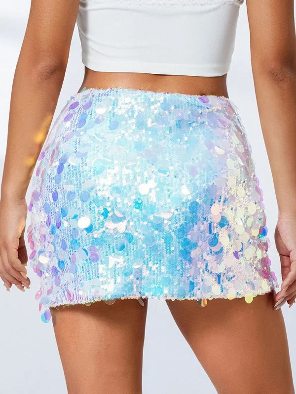 Iridescent sequin mini skirt in pastel blues and pinks, with a shimmering, textured finish.