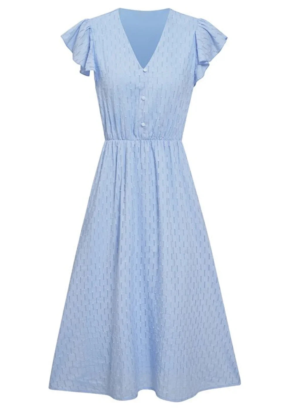 Light blue midi dress with flutter sleeves, V-neck, button detail, and textured pattern.