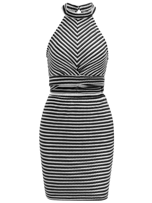 Black and white striped halter neck dress with a twisted front and cut-out waist detail.