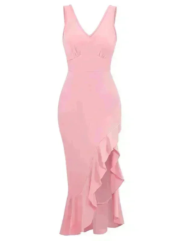 Pink sleeveless V-neck dress with ruffle trim and mermaid hem, full length on white background.
