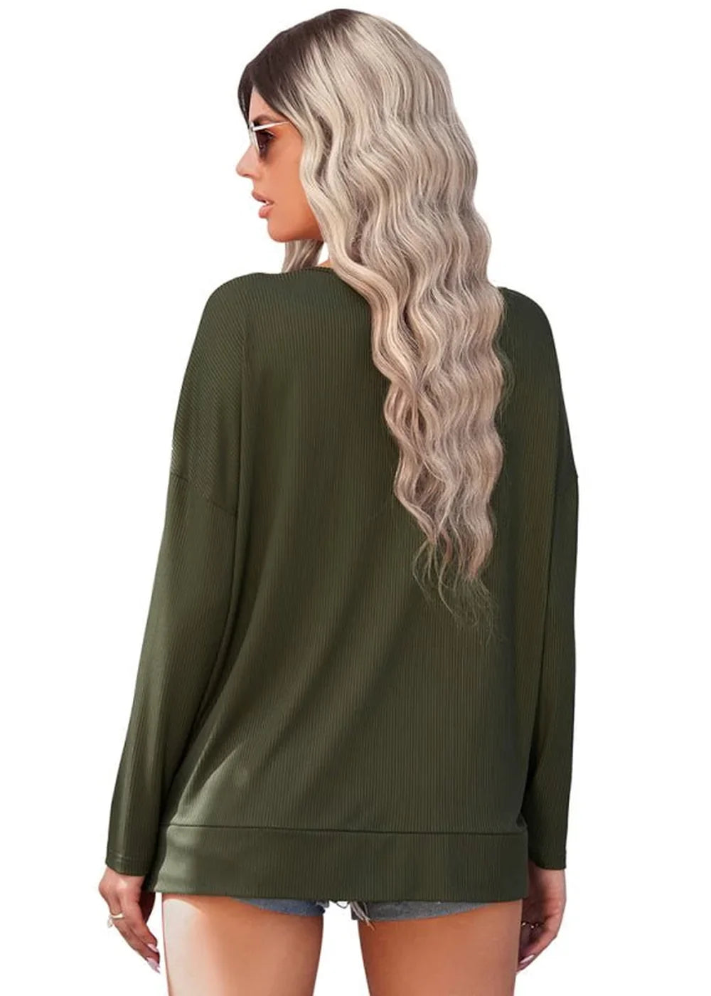 Olive green ribbed long-sleeve top with a relaxed fit and scoop neckline, shown from the back.