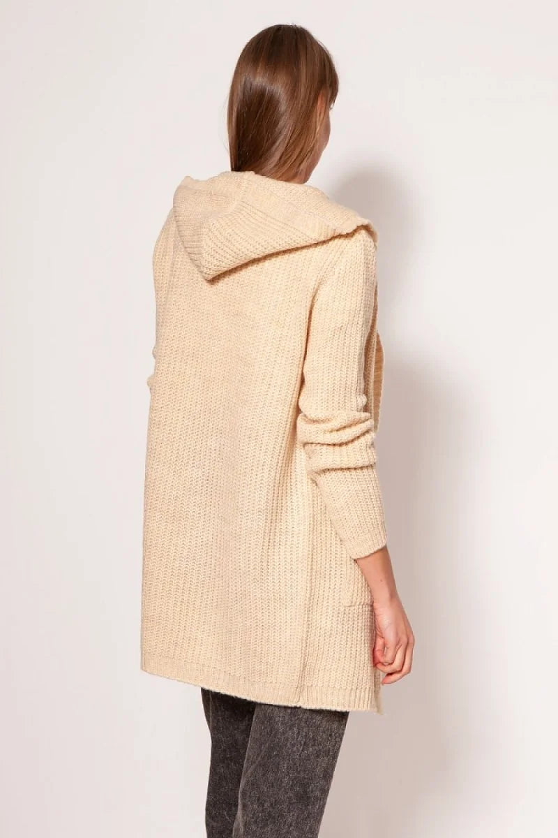 Cream knit cardigan with a textured weave and cowl neck, shown from the back.