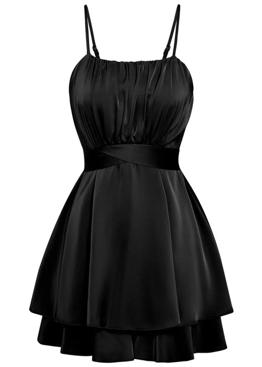 Black satin spaghetti strap dress with ruched bust and tiered hem