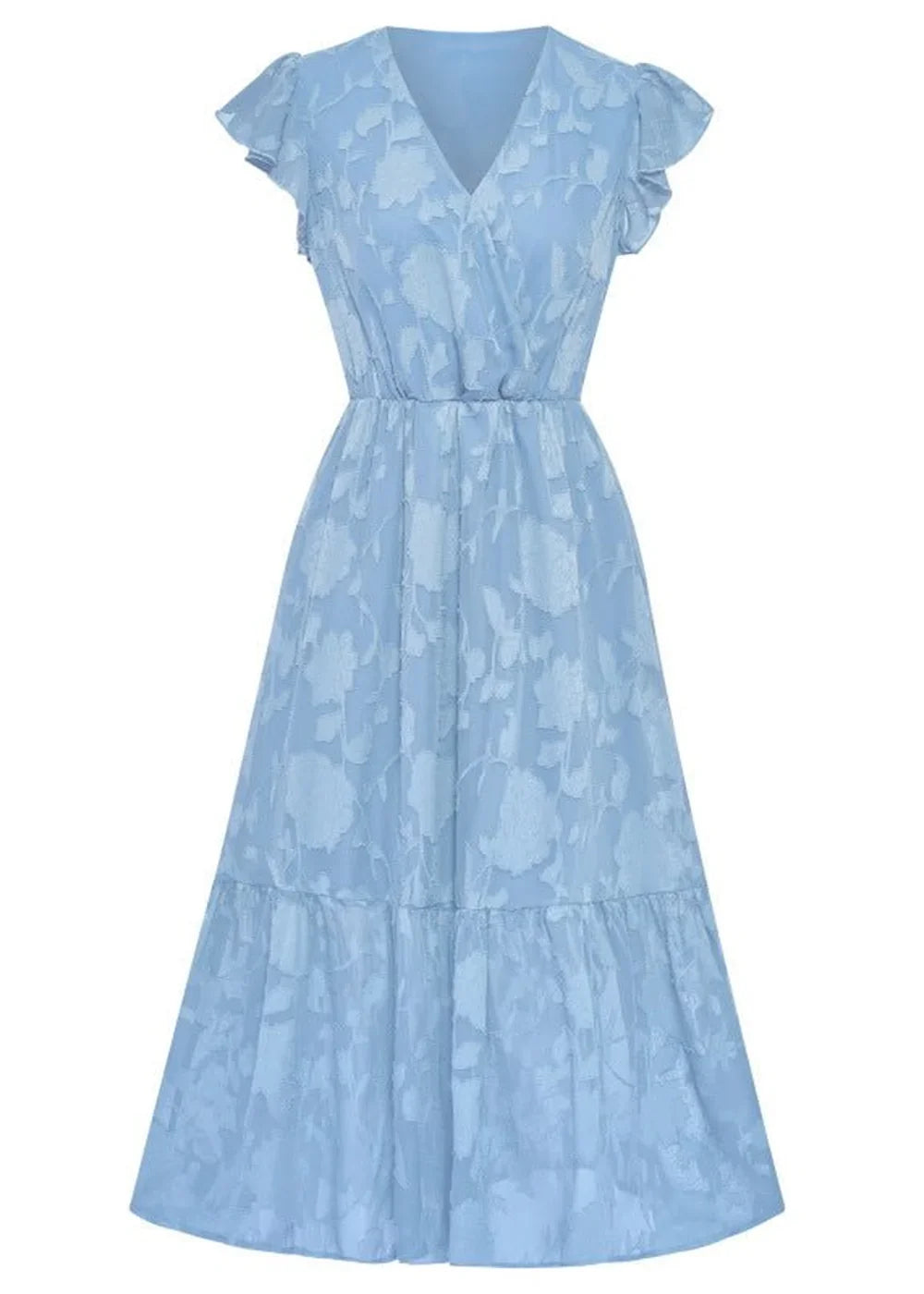 Light blue midi dress with a subtle floral burnout pattern, V-neck, and flutter sleeves.