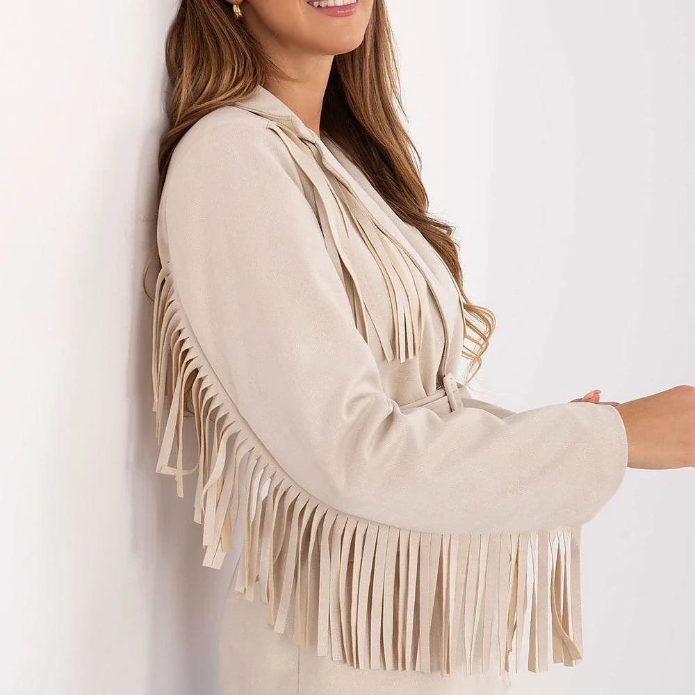 Suede Fringe Blazer with Belt