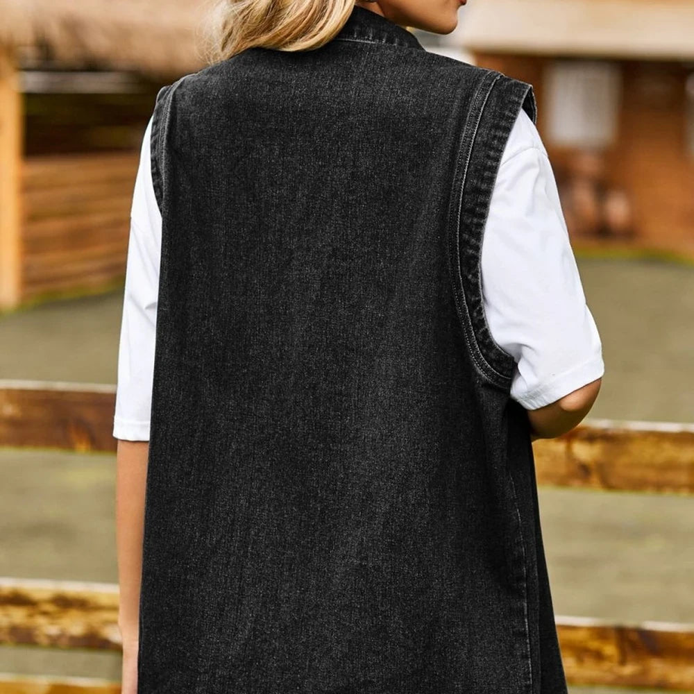 Sleeveless Collared Denim Vest