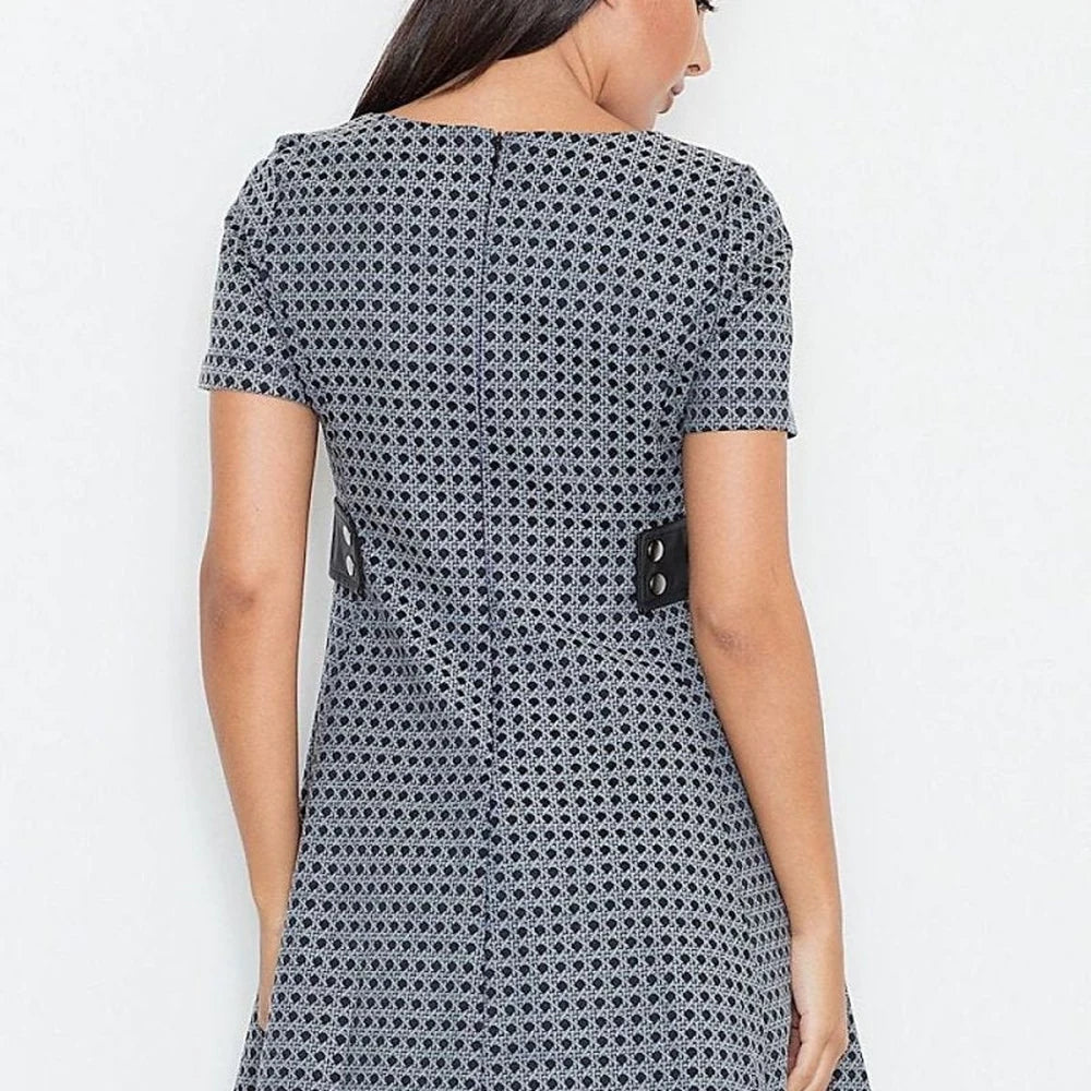 Flared Dress with Leather Inserts & Short Sleeves