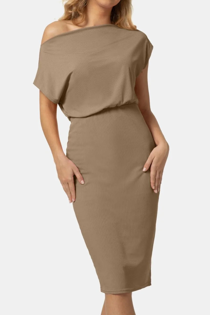 Tan ribbed midi dress with an off-the-shoulder neckline and a moderate stretch fit.