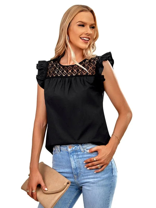 Black sleeveless lace-trim top with ruffled sleeves on a model wearing light wash jeans.