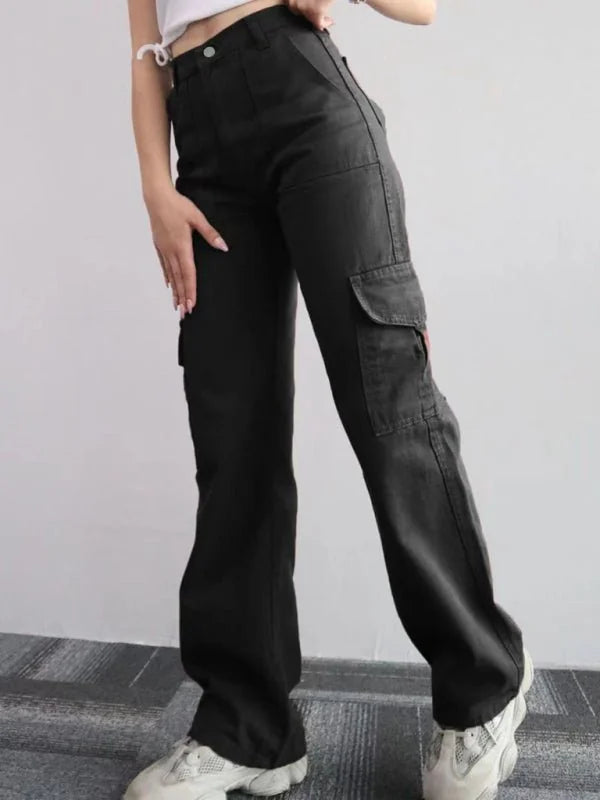 Black relaxed fit cargo pants with multiple pockets, shown full length on a model.