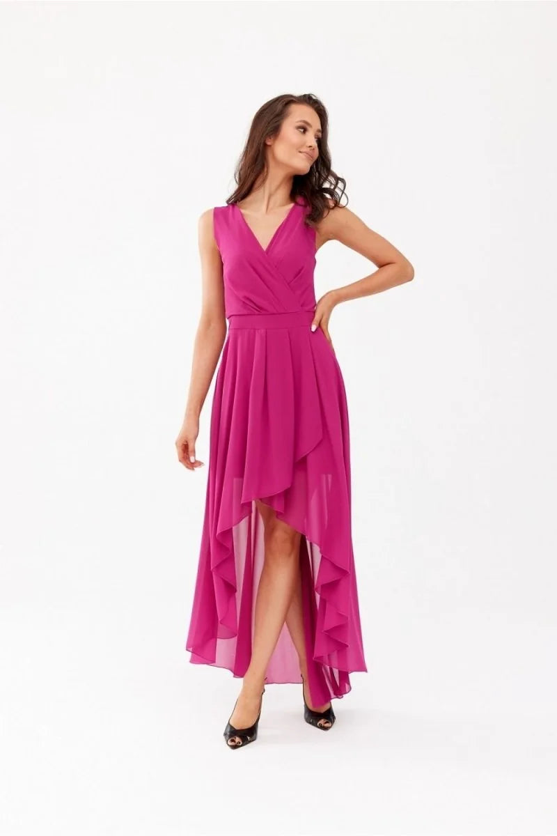 Fuchsia asymmetrical ruffled hem dress with a V-neck, on a model.