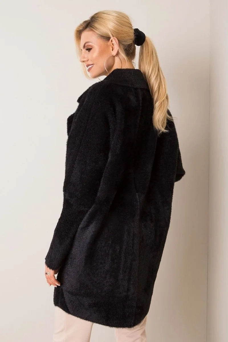 Black fuzzy angora blend jacket with a relaxed fit, shown from the back on a model.