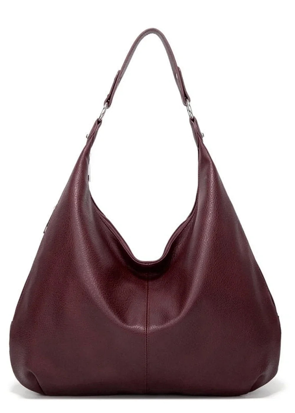 Deep burgundy textured faux leather slouchy hobo bag with silver hardware and a single shoulder strap.