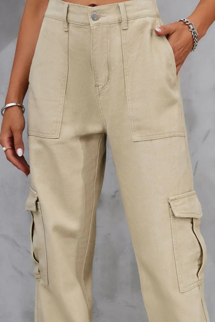 Khaki cargo pants with patch pockets, detailed stitching, and a button closure.