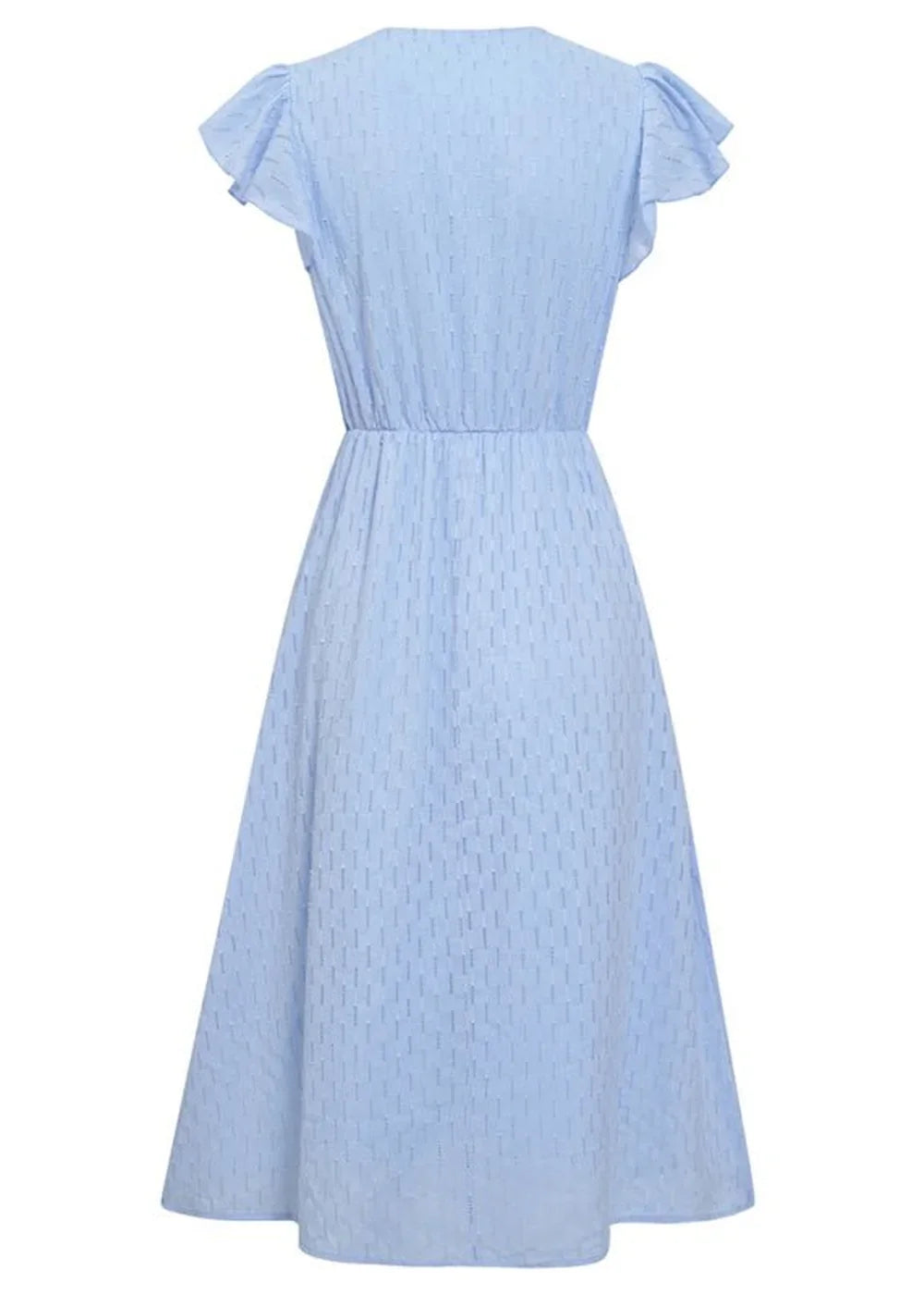 Light blue midi dress with a textured pattern, flutter sleeves, and empire waist.