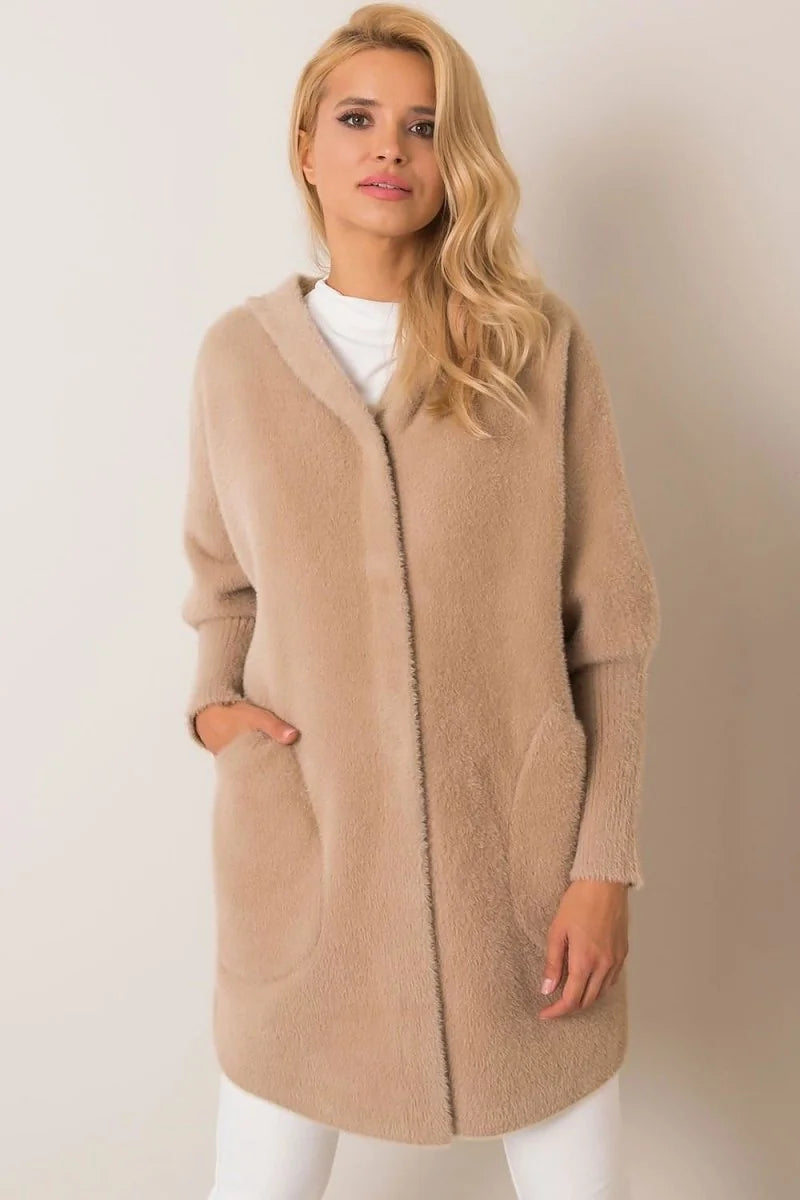 Cozy beige angora blend cardigan with pockets, long sleeves, and a relaxed fit.