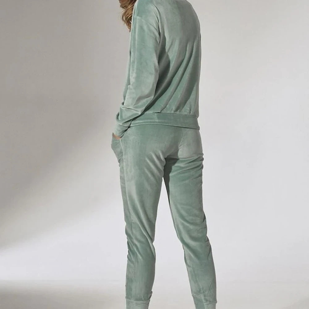 Green Velour Tracksuit Trousers with Drawstring Waist