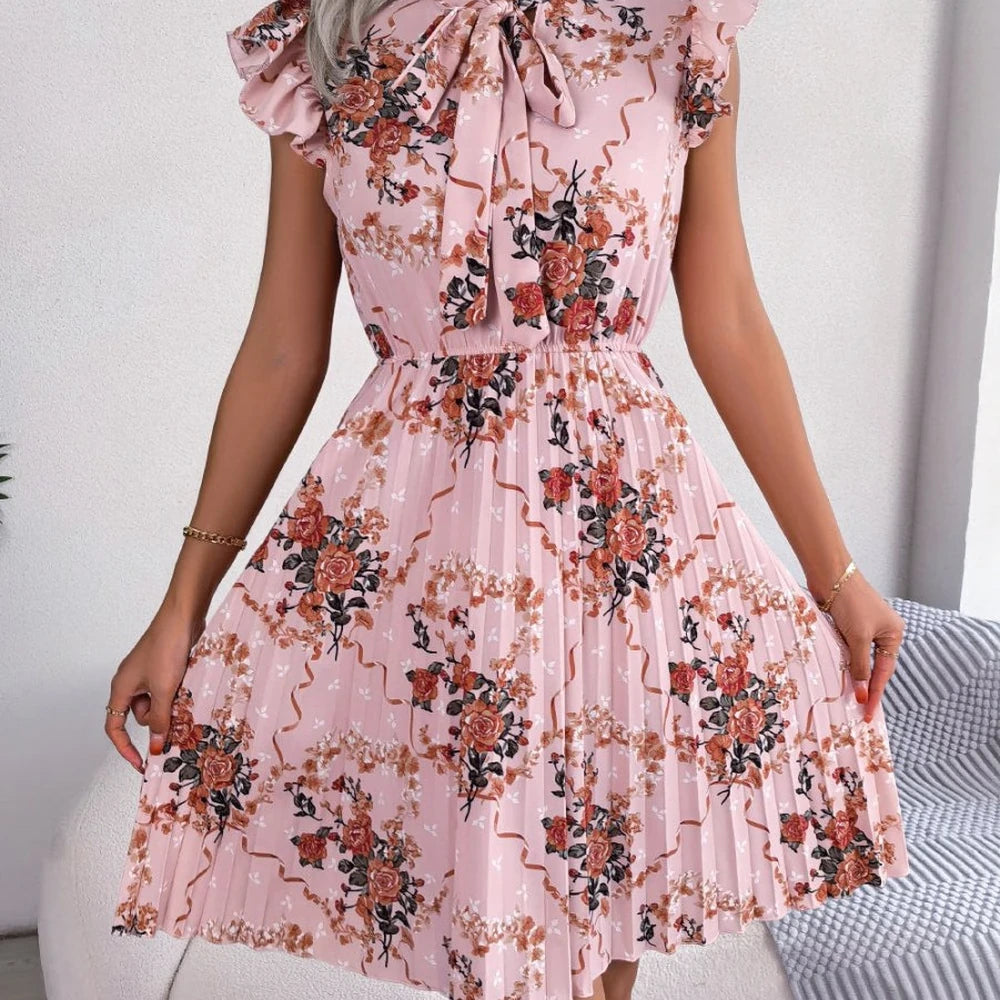 Floral Tie Neck Knee Length A-line Dress